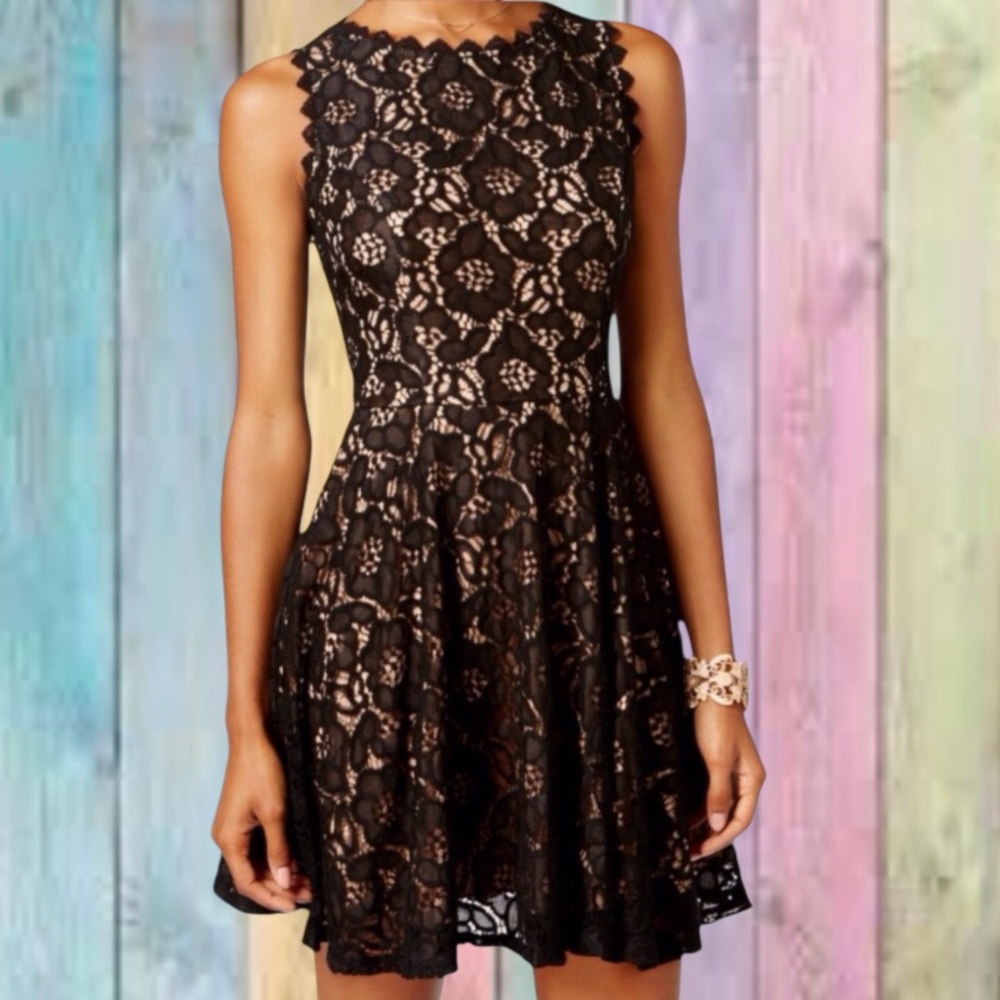 City Studio Black Tan Two Tone Lace Fit & Flare Dress